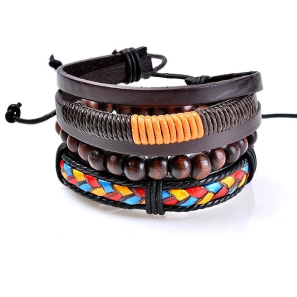 Brand New 3pc LeatherWood Multi Layer Bracelet